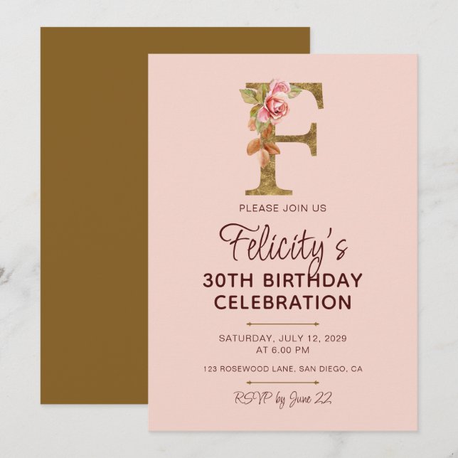 Letter F Gold Monogram Blush Pink Roses Invitation (Front/Back)