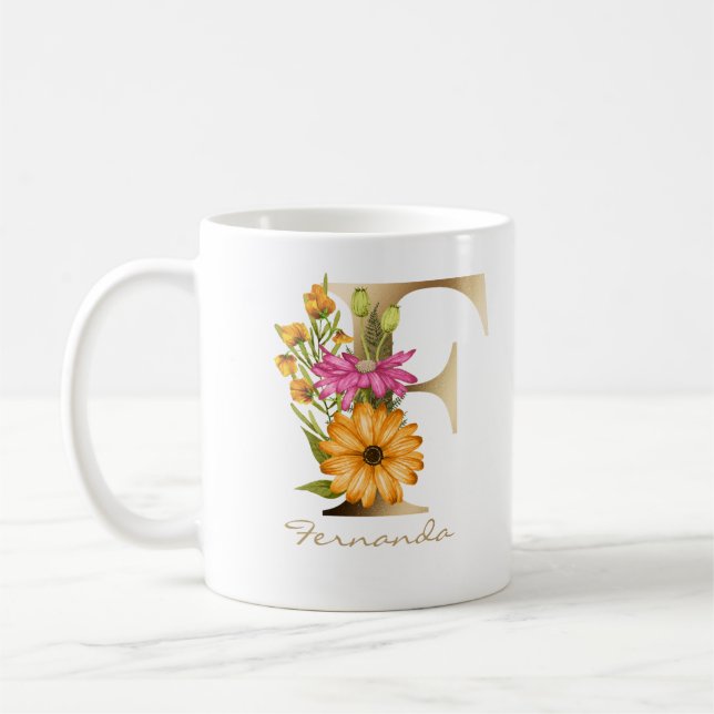 Letter F Gold Monogram | Pink Yellow Florals Green Coffee Mug (Left)