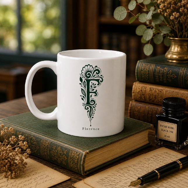 Letter F Linocut Botanical Personalised Mug (Creator Uploaded)
