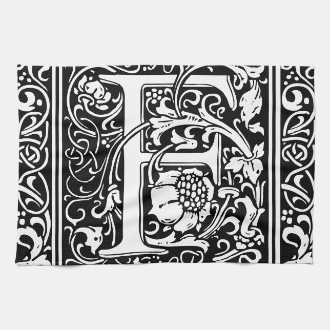 Letter F Mediaeval Monogram Art Nouveau Tea Towel (Horizontal)