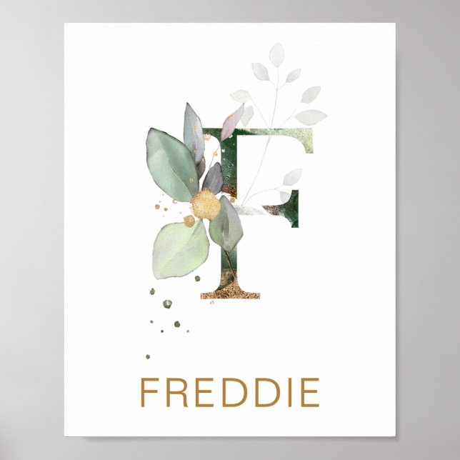Letter F Monogram Green & gold foliage Nursery Poster (Front)
