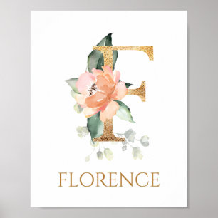 Letter F Monogram Pink Peach rose Nursery Poster
