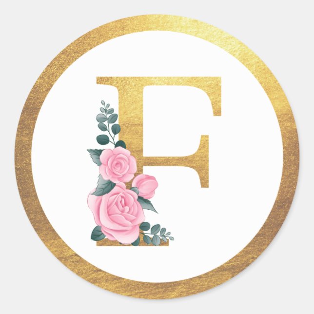 Letter F Monogram Pink Roses Floral & Elegant Gold Classic Round Sticker (Front)