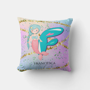 Letter F Monogram Watercolor Cute Mermaid Nursery Cushion