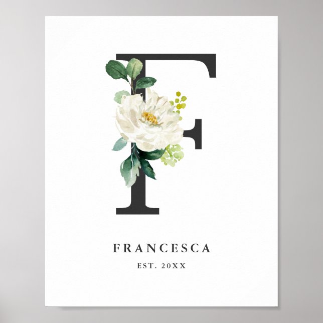 Letter F Monogram White Peonies Nursery Poster (Front)