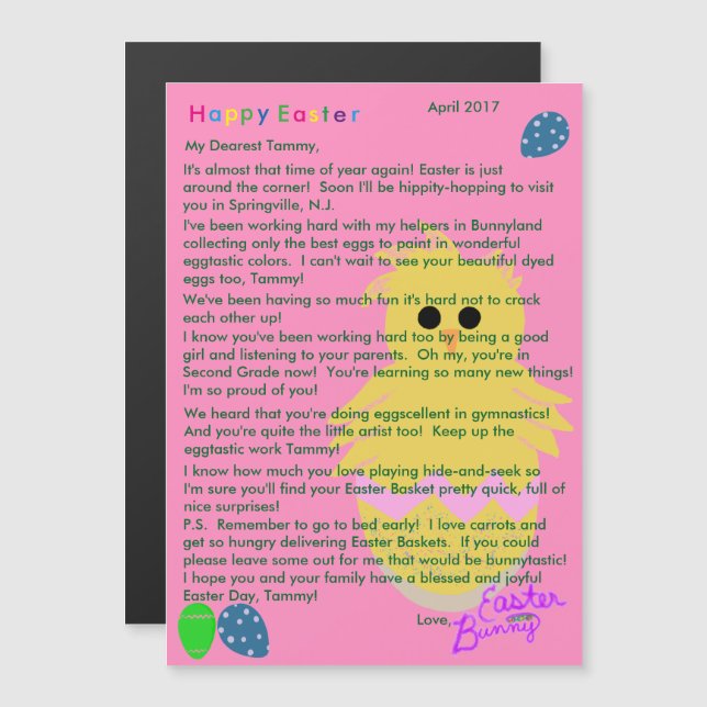 Letter from Easter Bunny Pink Yellow Chick Egg (Front/Back)