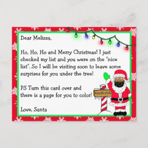 Letter from Santa for Kids + Colouring Page on Bac Postcard