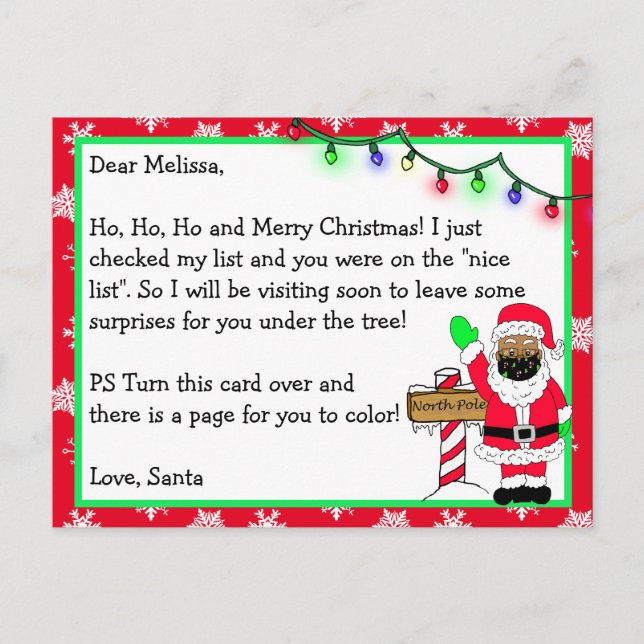Letter from Santa for Kids + Colouring Page on Bac Postcard (Front)