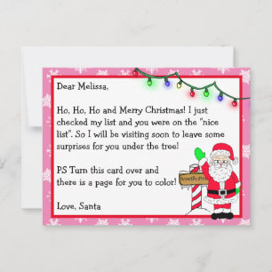 Letter from Santa for Kids + Colouring Page on Bac Postcard