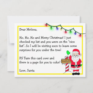 Letter from Santa for Kids + Colouring Page on Bac Postcard