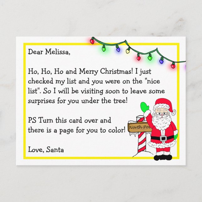 Letter from Santa for Kids + Colouring Page on Bac Postcard (Front)