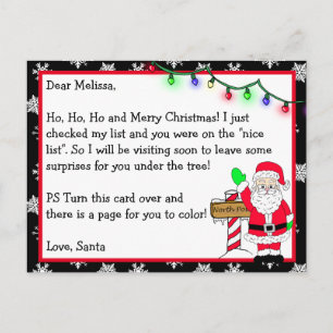 Letter from Santa for Kids + Colouring Page on Bac Postcard