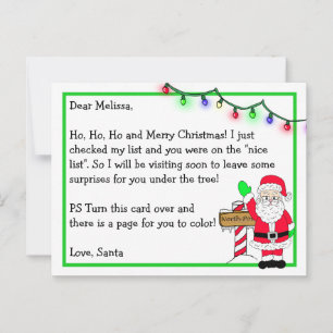Letter from Santa for Kids + Colouring Page on Bac Postcard