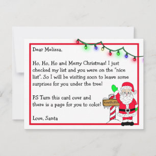 Letter from Santa for Kids + Colouring Page on Bac Postcard