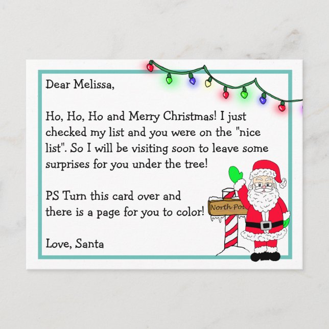 Letter from Santa for Kids + Colouring Page on Bac Postcard (Front)