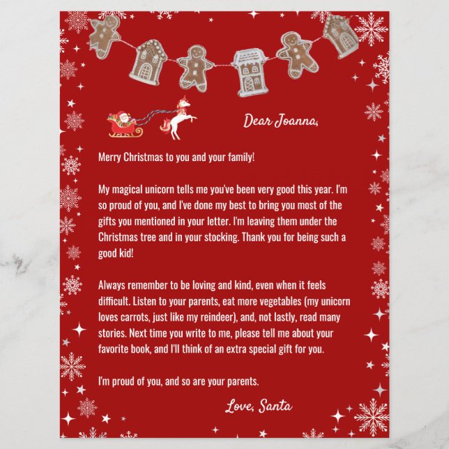 Letter from Santa Unicorn Snowflakes Red Christmas (Front)