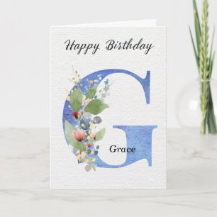 Letter G Birthday Custom Name Her Blue Monogram Card