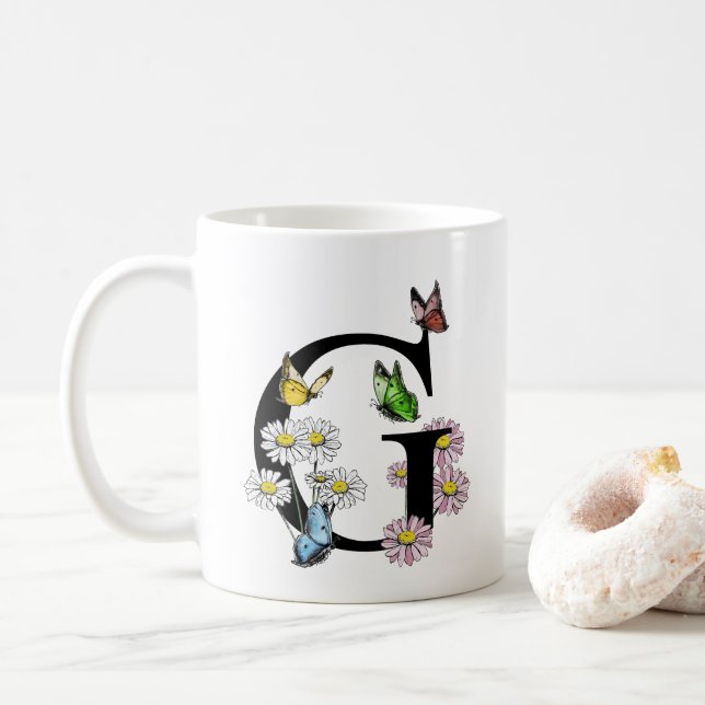  Letter G Botanical Watercolor Butterfly Monogram  Coffee Mug (With Donut)