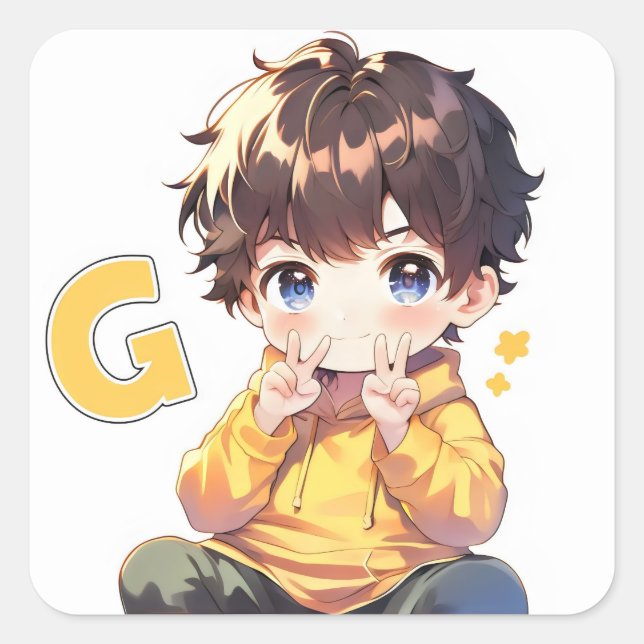 Letter G Cute Boy Anime Square Sticker (Front)