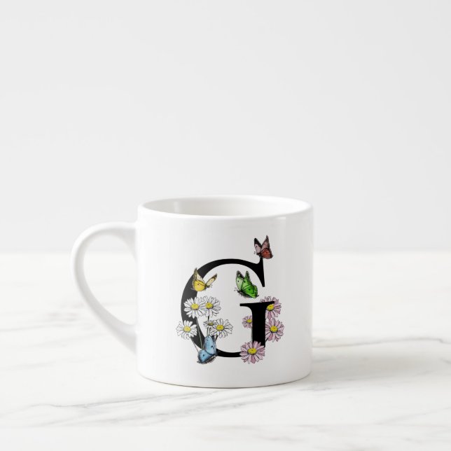 Letter G Floral Butterfly Monogram Initial    Espresso Cup (Left)