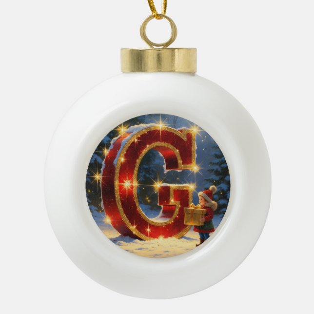 Letter G Gift Personalised Monogram Holiday Ceramic Ball Christmas Ornament (Front)