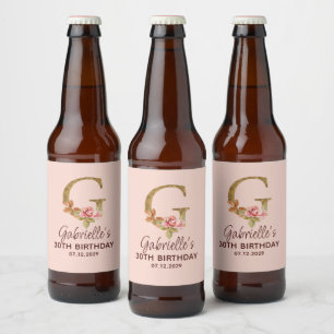 Letter G Gold Monogram Blush Pink Roses Beer Bottle Label