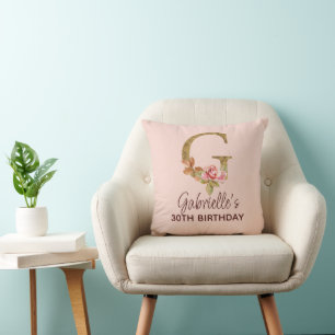 Letter G Gold Monogram Blush Pink Roses Cushion