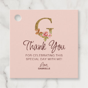 Letter G Gold Monogram Blush Pink Roses Favour Tags