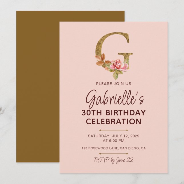 Letter G Gold Monogram Blush Pink Roses Invitation (Front/Back)