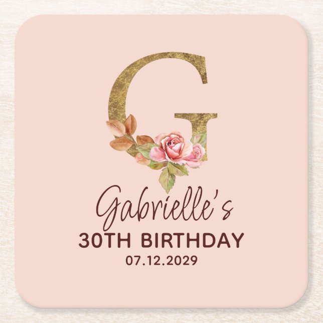 Letter G Gold Monogram Blush Pink Roses Square Paper Coaster (Front)