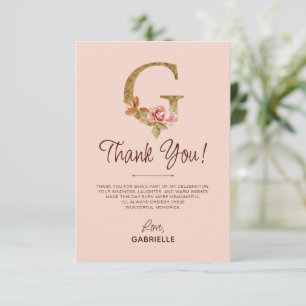 Letter G Gold Monogram Blush Pink Roses Thank You Card