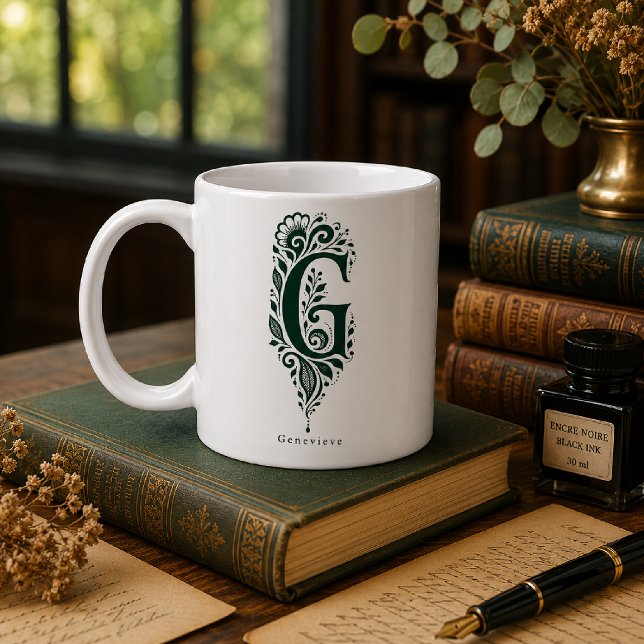 Letter G Linocut Botanical Personalised Mug (Creator Uploaded)