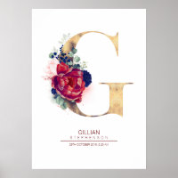 Letter G Monogram Floral Navy Blue and Burgundy