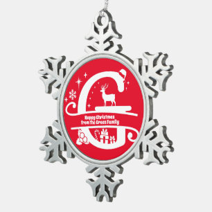 Letter G Monogram Initial Family Name Greeting  Snowflake Pewter Christmas Ornament
