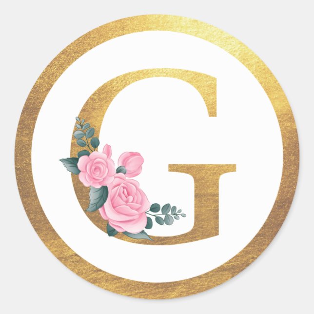 Letter G Monogram Pink Roses Floral & Elegant Gold Classic Round Sticker (Front)