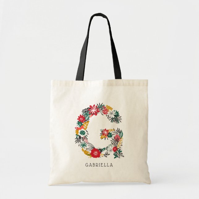 Letter G | Whimsical Floral Letter Monogram I Tote Bag (Front)