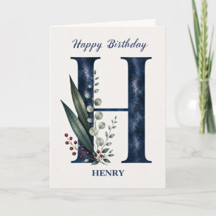 Letter H Birthday for Him Personalised Name Blue Card