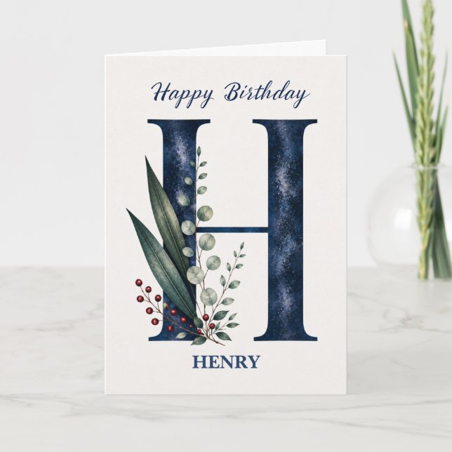 Letter H Birthday for Him Personalised Name Blue Card (Front)