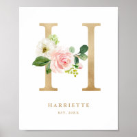 Letter H Blush Floral Monogram Gold Foil Nursery
