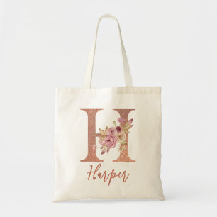 Letter H Blush pink Glitter Floral Monogram  Tote Bag