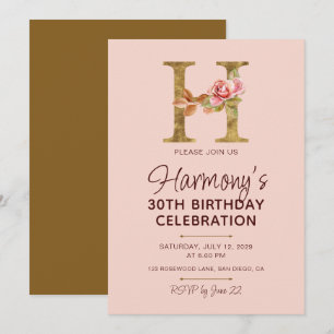 Letter H Gold Monogram Blush Pink Roses Invitation