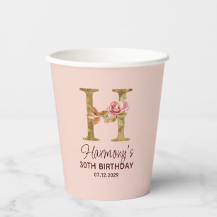 Letter H Gold Monogram Blush Pink Roses Paper Cups