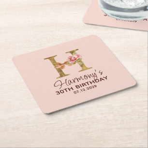 Letter H Gold Monogram Blush Pink Roses Square Paper Coaster