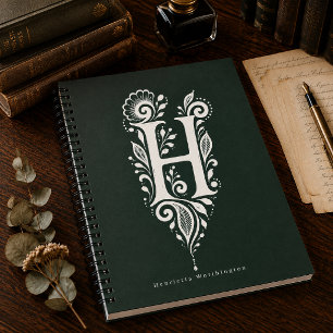 Letter H Linocut Botanical Monogram Notebook