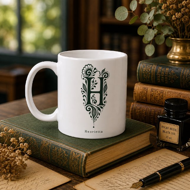 Letter H Linocut Botanical Personalised Mug (Creator Uploaded)