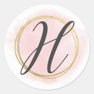 Letter H Monogram Blush Pink Watercolor Gold Chic Classic Round Sticker