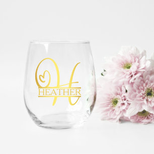 Letter H Monogram Bridesmaid Gift, Modern Elegant Stemless Wine Glass