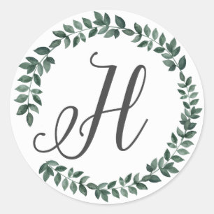 Letter H Monogram Minimalist Botanical Leaf Wreath Classic Round Sticker