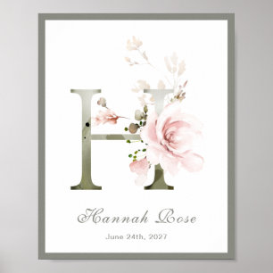 Letter H Monogram Pink White Floral Nursery Poster