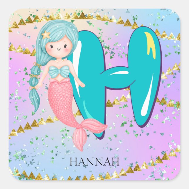 Letter H Monogram Watercolor Cute Mermaid Nursery Square Sticker (Front)